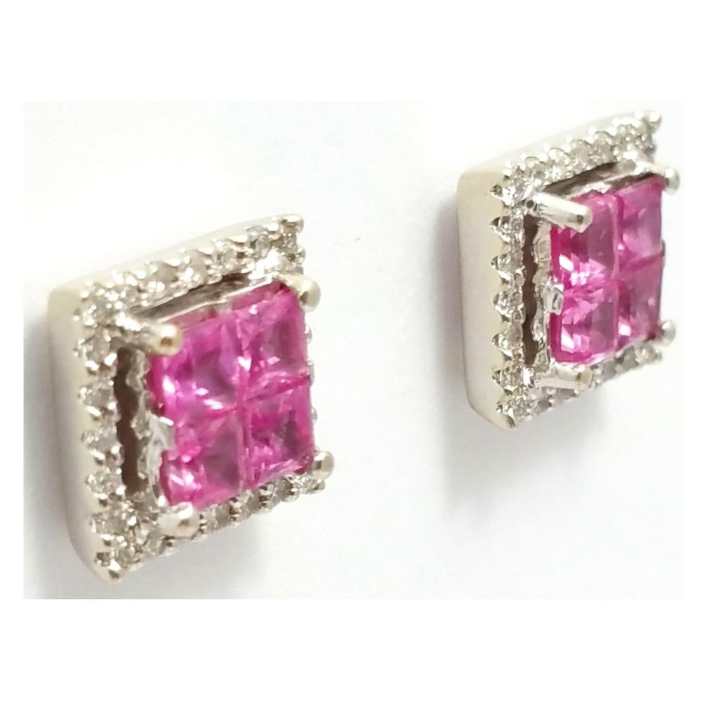 Beautiful 18K Karat White Gold Square Stud Earrings w/ Diamonds & Tourmaline